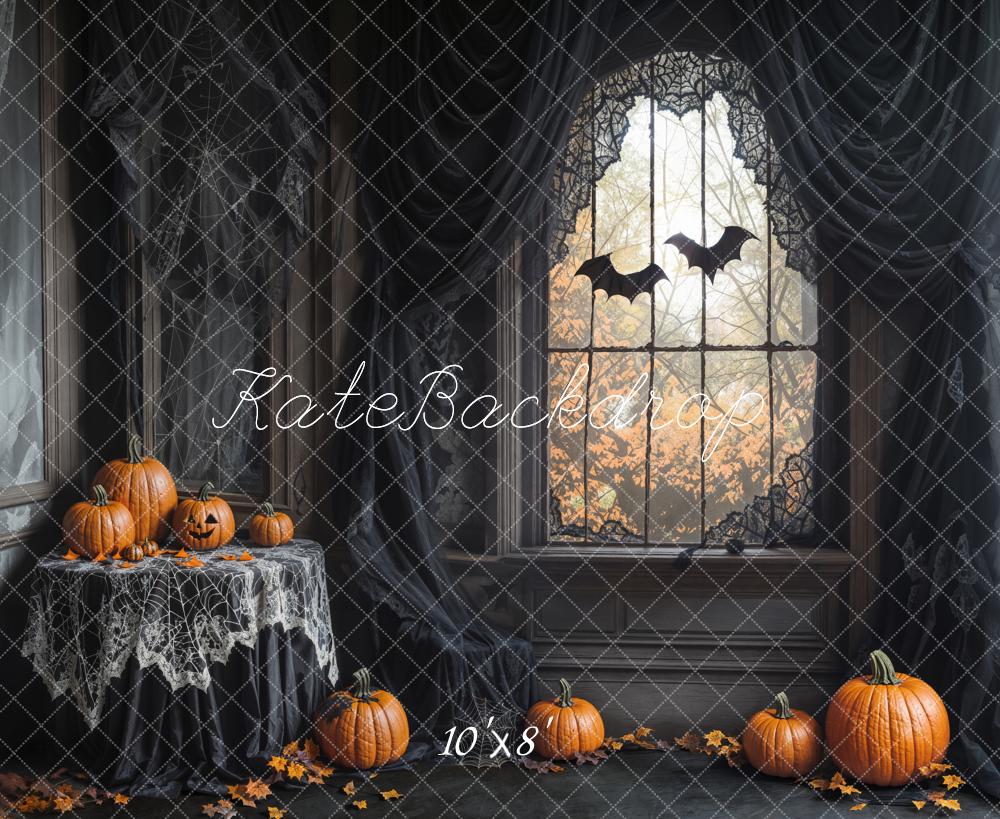 Kate Halloween Citrouilles Fenêtre Gothique Toile de fond en Laine conçue par Emetselch - Kate Backdrop FR