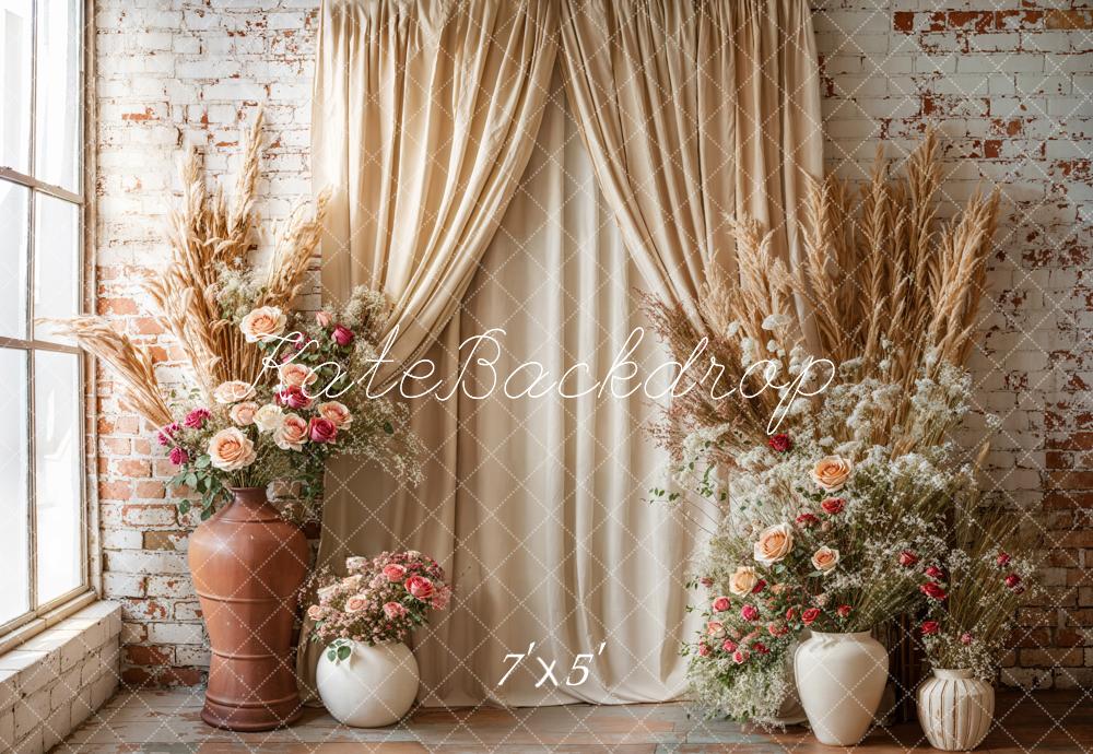 Kate Bohème Beige Rideau Fleurs Brique Toile de fond conçue par Emetselch