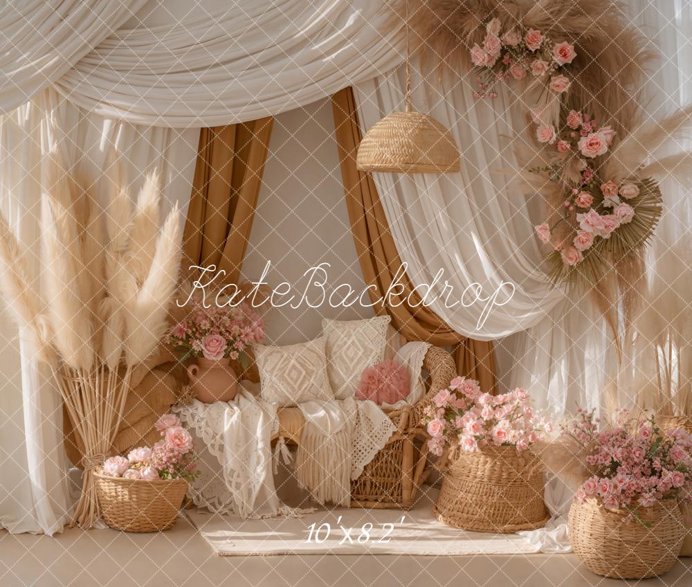 Kate Bohème Fleurs Rideaux Beige Toile de fond en Polar conçue par Emetselch
