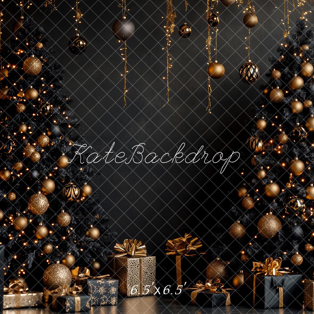 Kate Noël Sapin Cadeaux Boules Doré Toile de fond conçue par Patty Roberts - Kate Backdrop FR