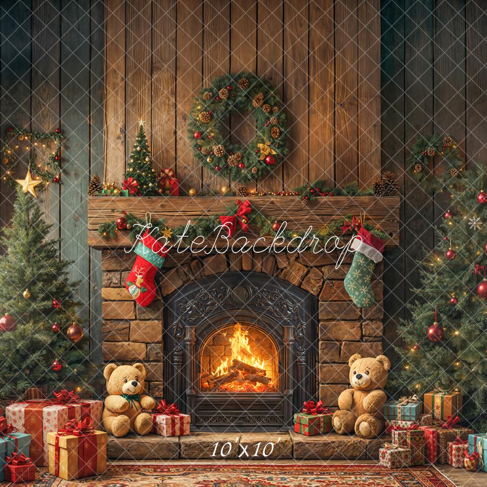Kate Noël Cheminée Sapins Ours Cadeaux Toile de fond conçue par Emetselch