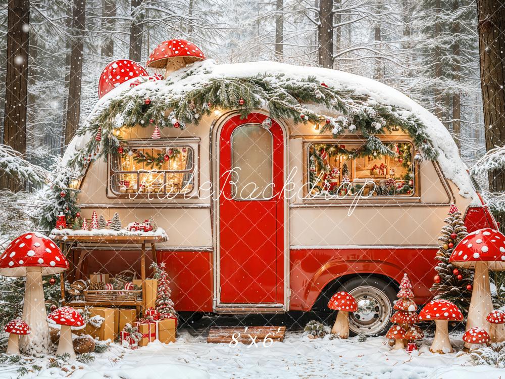 Kate Hiver Forêt Caravane Champignons Toile de fond conçue par Emetselch - Kate Backdrop FR