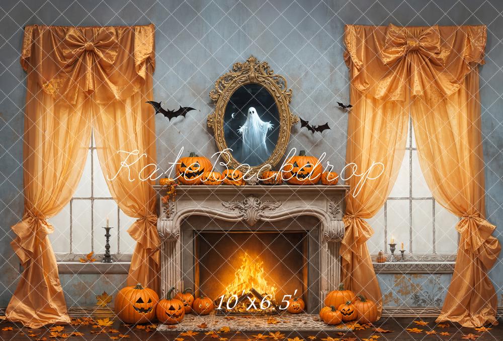 Kate Halloween Cheminée Citrouilles Fenêtre Toile de fond en Laine conçue par Emetselch - Kate Backdrop FR