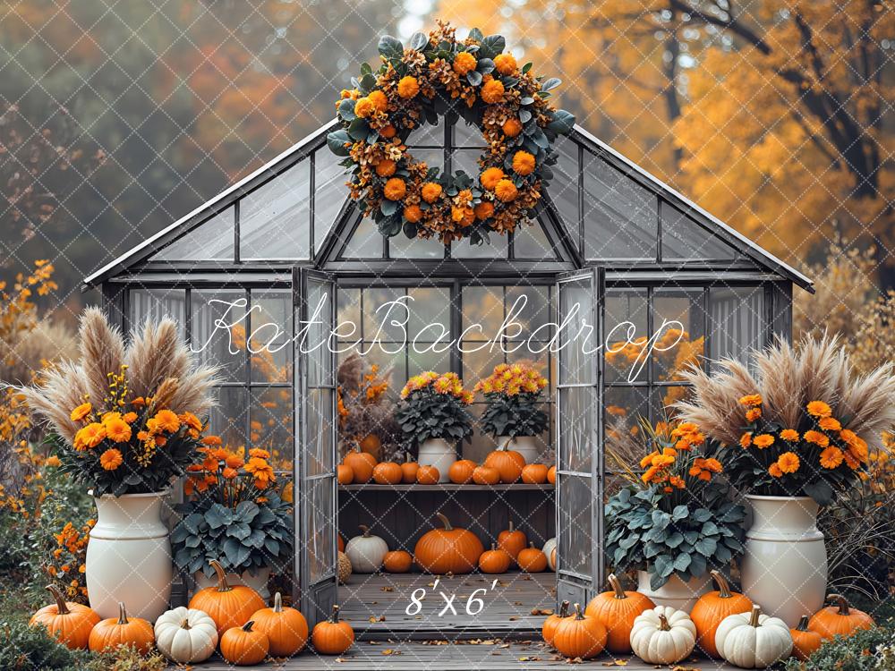 Kate Automne Serre Citrouilles Fleurs Toile de fond conçue par Mini MakeBelieve