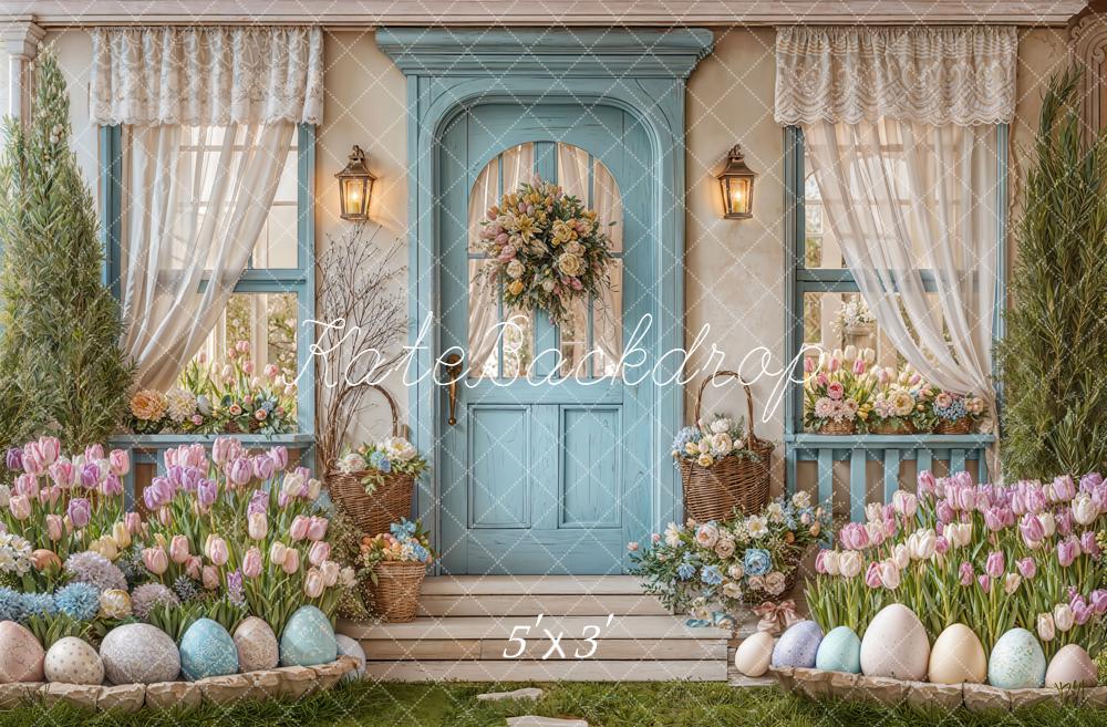 Kate Pâques Porte Bleue Fleurs Oeufs Toile de fond conçue par Emetselch - Kate Backdrop FR