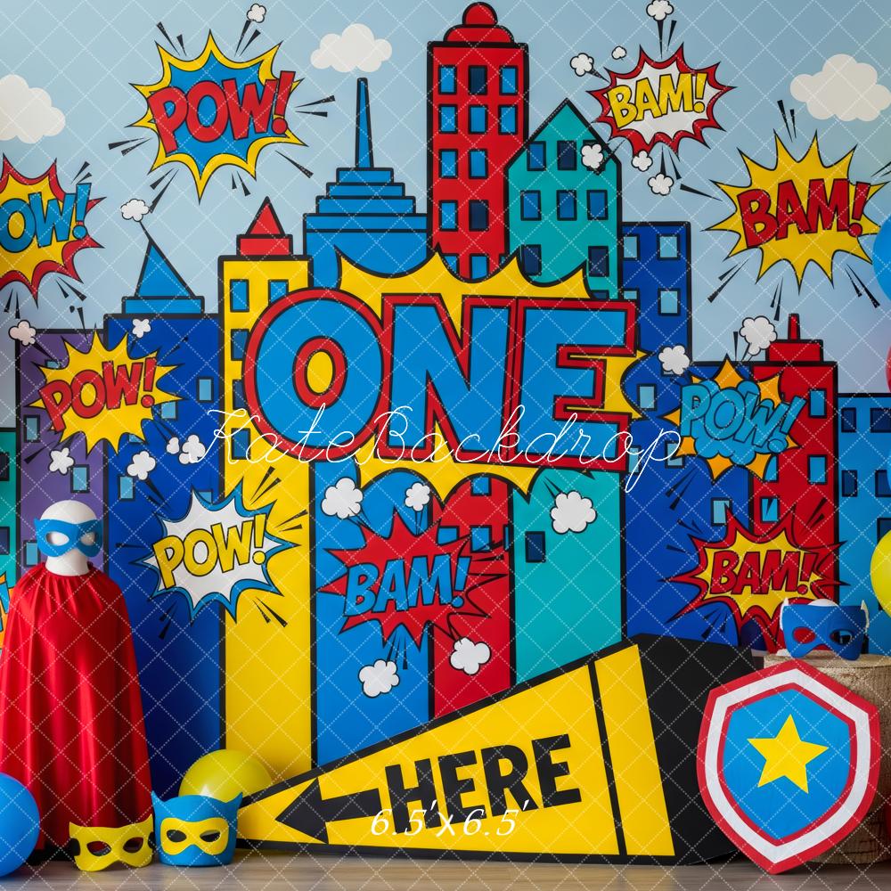 Kate Super Héros Ville Anniversaire Ballons Toile de fond conçue par Patty Roberts - Kate Backdrop FR