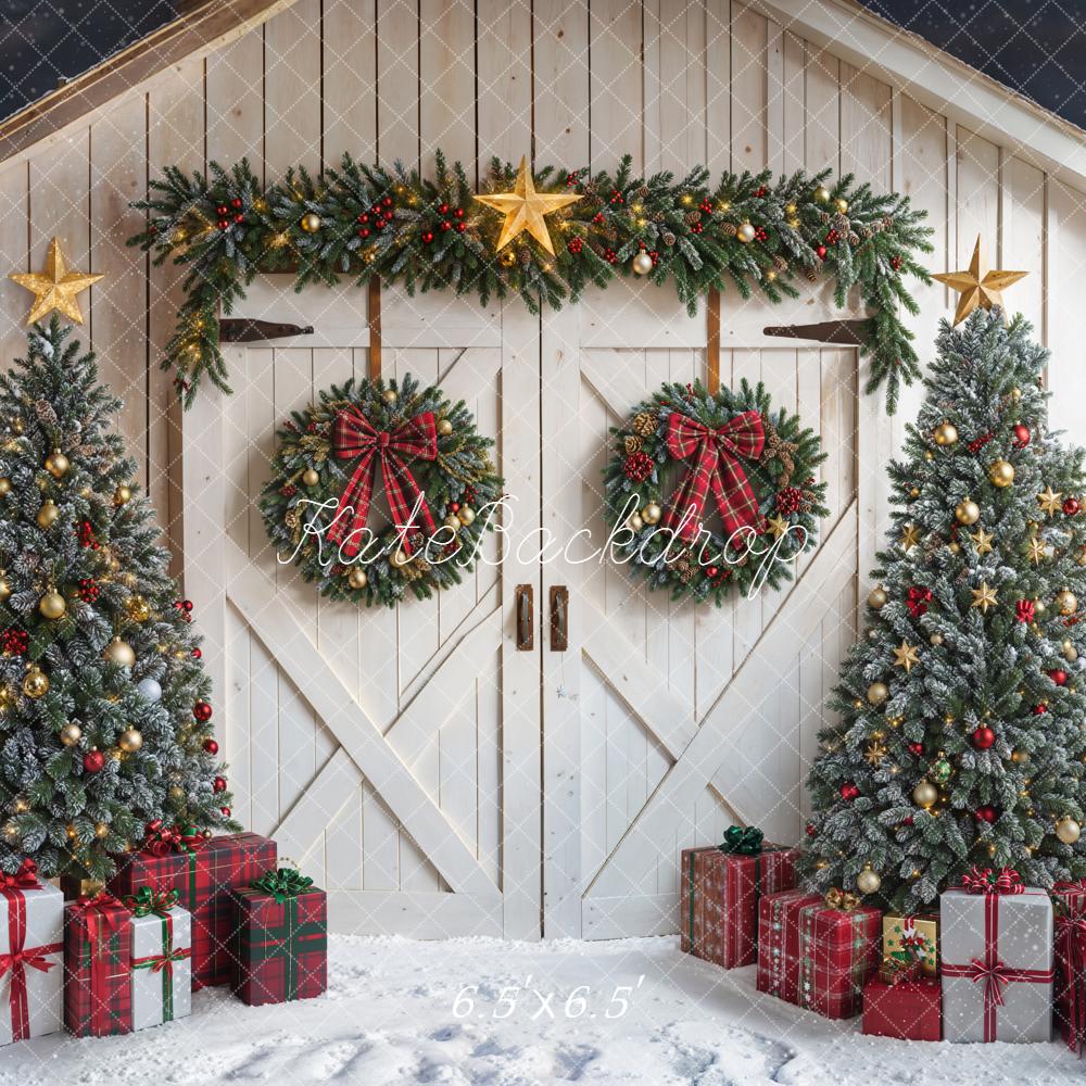 Kate Noël Sapins Cadeaux Grange Neige Toile de fond conçue par Emetselch - Kate Backdrop FR