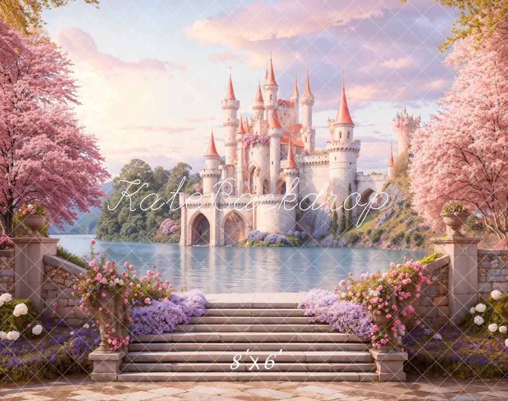 Kate Château Escaliers Fleurs Printemps Toile de fond en Laine conçue par Emetselch - Kate Backdrop FR