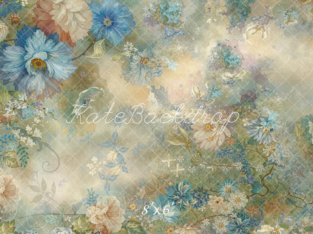 Kate Floral Bleu Beige Toile de fond en Laine conçue par Emetselch - Kate Backdrop FR