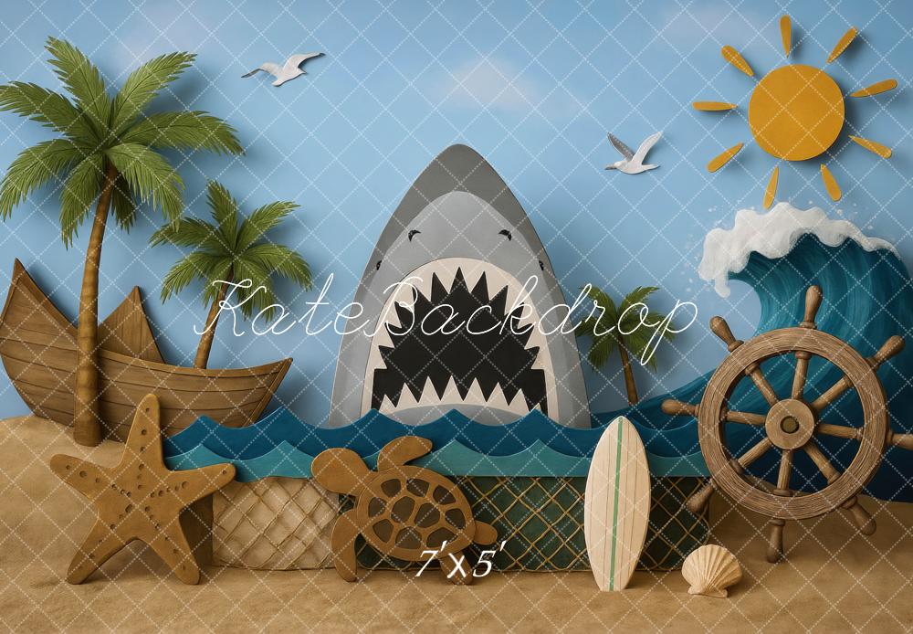 Kate Océan Requin Palmiers Vague Toile de fond conçue par Mini MakeBelieve - Kate Backdrop FR
