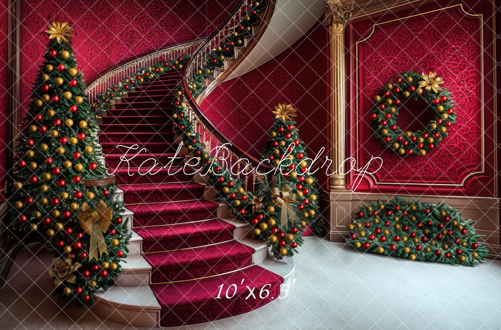 Kate Noël Escalier Sapins Décorations Rouge Toile de fond conçue par Mini MakeBelieve - Kate Backdrop FR