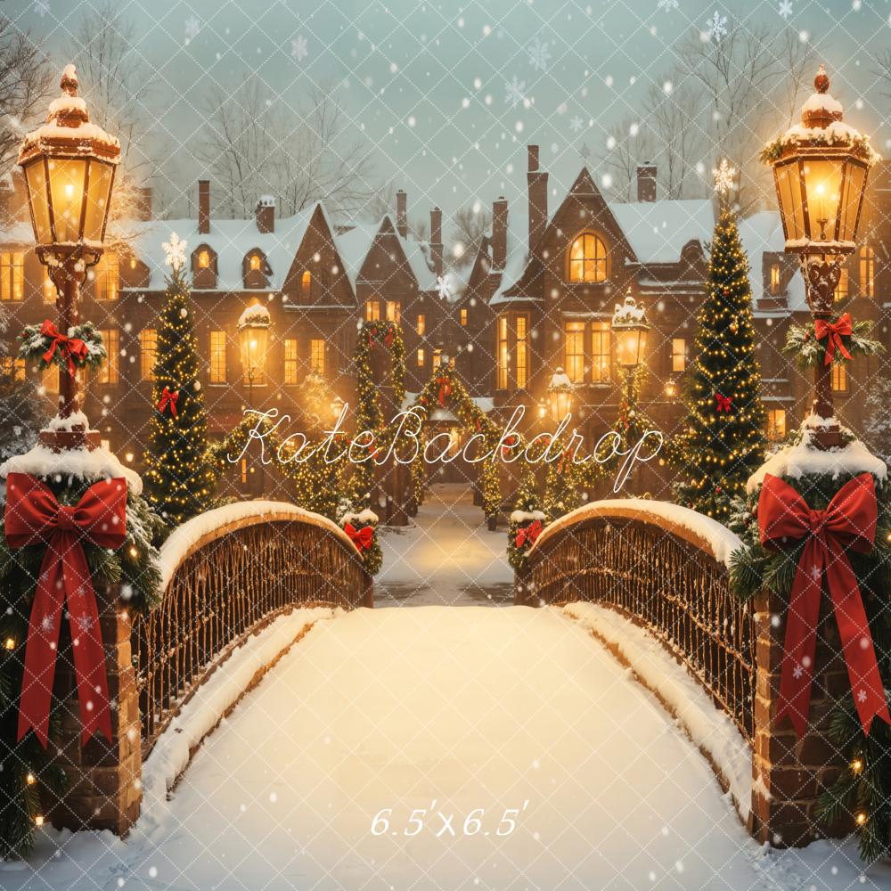 Kate Noël Pont Lampadaires Maisons Neige Toile de fond conçue par Emetselch - Kate Backdrop FR