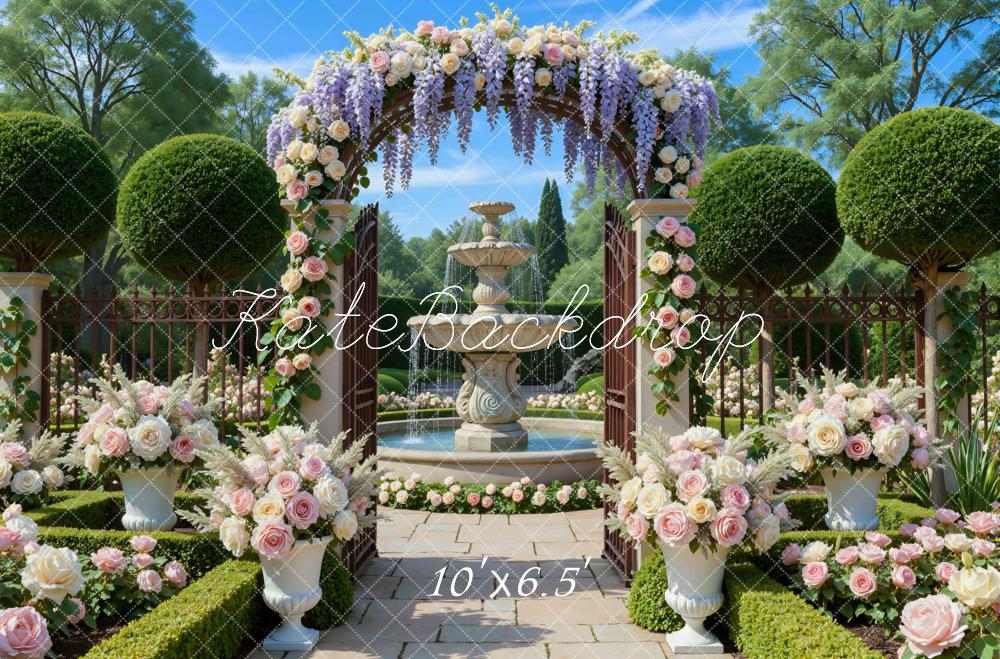 Kate Mariage Arche Fleurs Fontaine Jardin Toile de fond conçue par Mini MakeBelieve - Kate Backdrop FR
