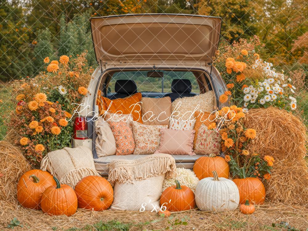 Kate Automne Citrouilles Voiture Foin Toile de fond en Laine conçue par Emetselch - Kate Backdrop FR