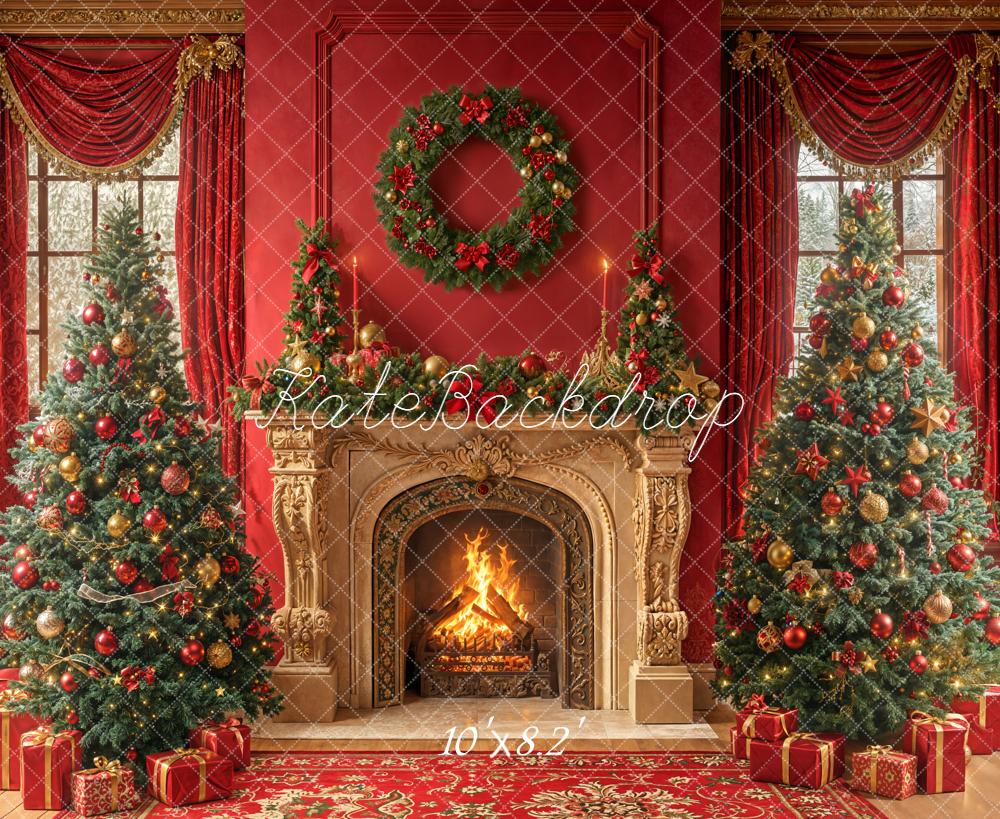 Kate Noël Cheminée Sapins Cadeaux Rouge Toile de fond conçue par Emetselch - Kate Backdrop FR