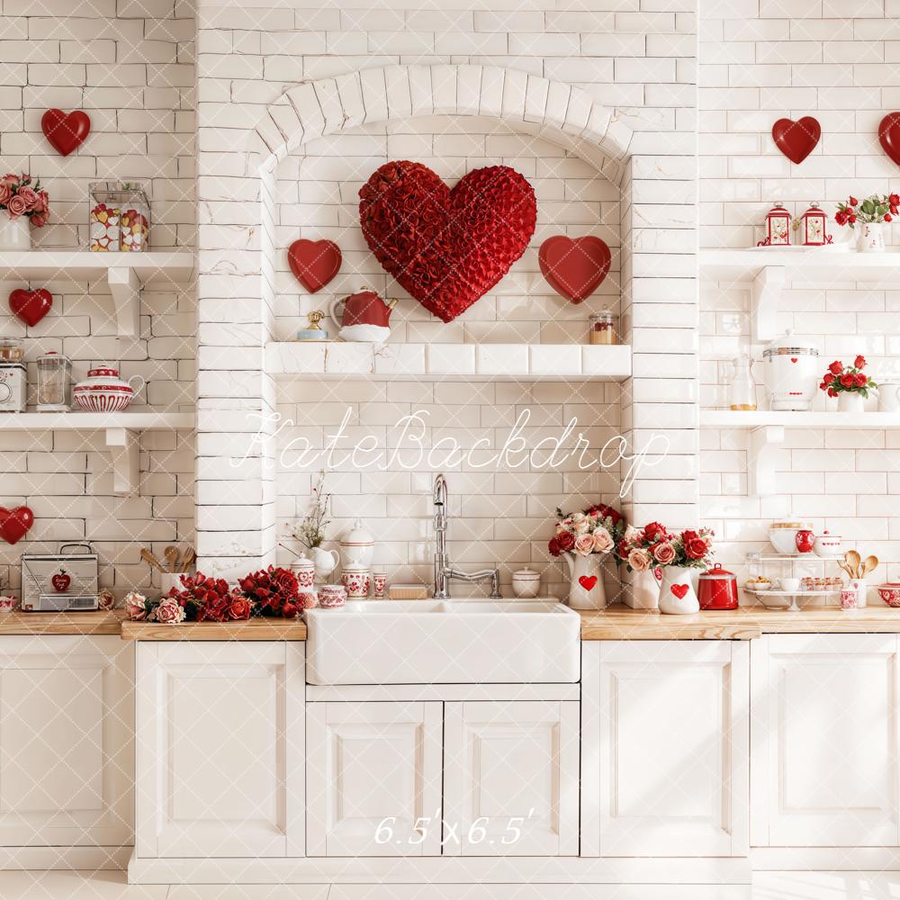 Kate Saint Valentin Cuisine Cœurs Briques Toile de fond conçue par Emetselch - Kate Backdrop FR