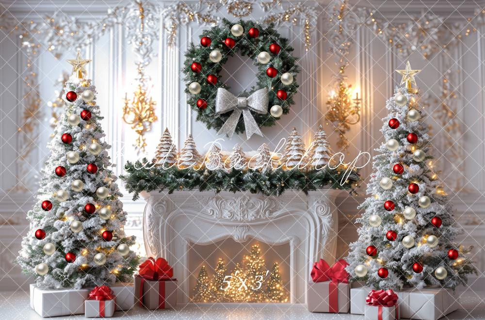 Kate Noël Sapins Cheminée Couronne Cadeaux Toile de fond conçue par Mini MakeBelieve - Kate Backdrop FR