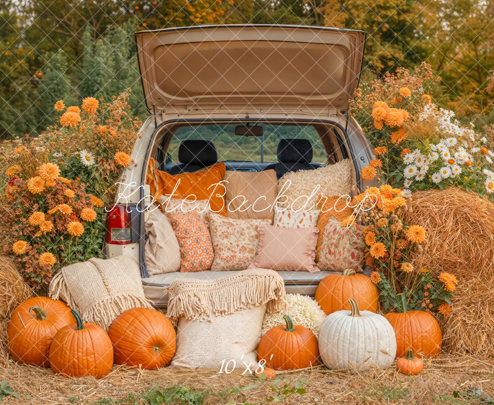 Kate Automne Citrouilles Voiture Foin Toile de fond en Laine conçue par Emetselch - Kate Backdrop FR
