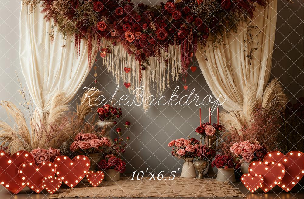 Kate Saint Valentin Fleurs Cœurs Rideaux Toile de fond en Laine conçue par Emetselch