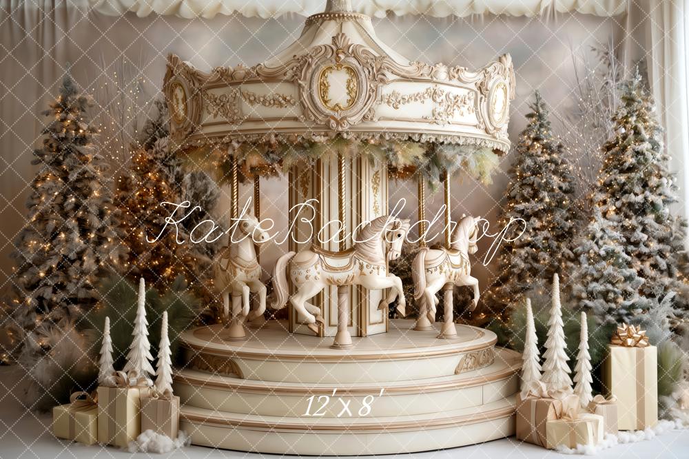Kate Carrousel Sapins Hiver Cadeaux Toile de fond conçue par Patty Roberts - Kate Backdrop FR