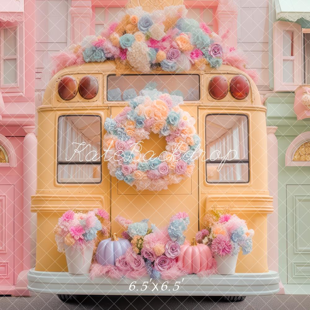 Kate Bus Jaune Fleurs Pastel Toile de fond conçue par Mini MakeBelieve - Kate Backdrop FR