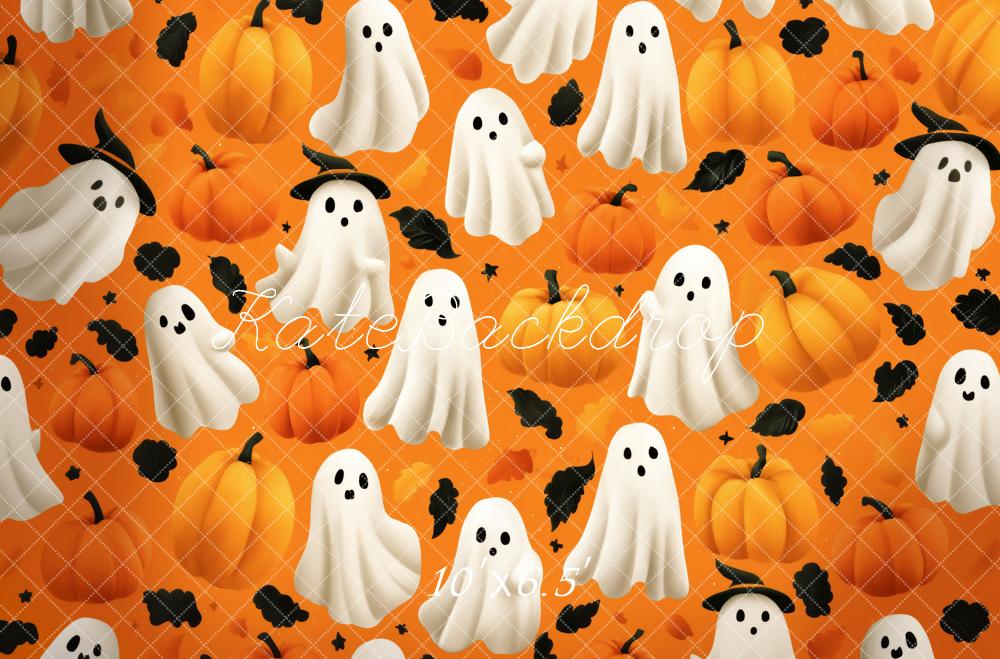 Kate Halloween Fantômes Citrouilles Feuilles Noires Toile de fond conçue par Patty Roberts - Kate Backdrop FR