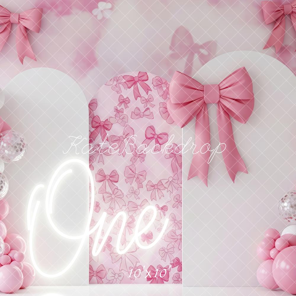 Kate Anniversaire Arc Nœuds Ballons Rose Toile de fond conçue par Patty Roberts - Kate Backdrop FR