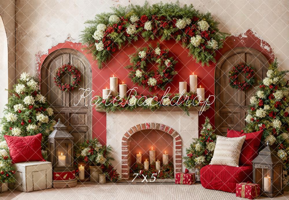 Kate Noël Cheminée Bougies Porte Sapins Toile de fond conçue par Emetselch - Kate Backdrop FR