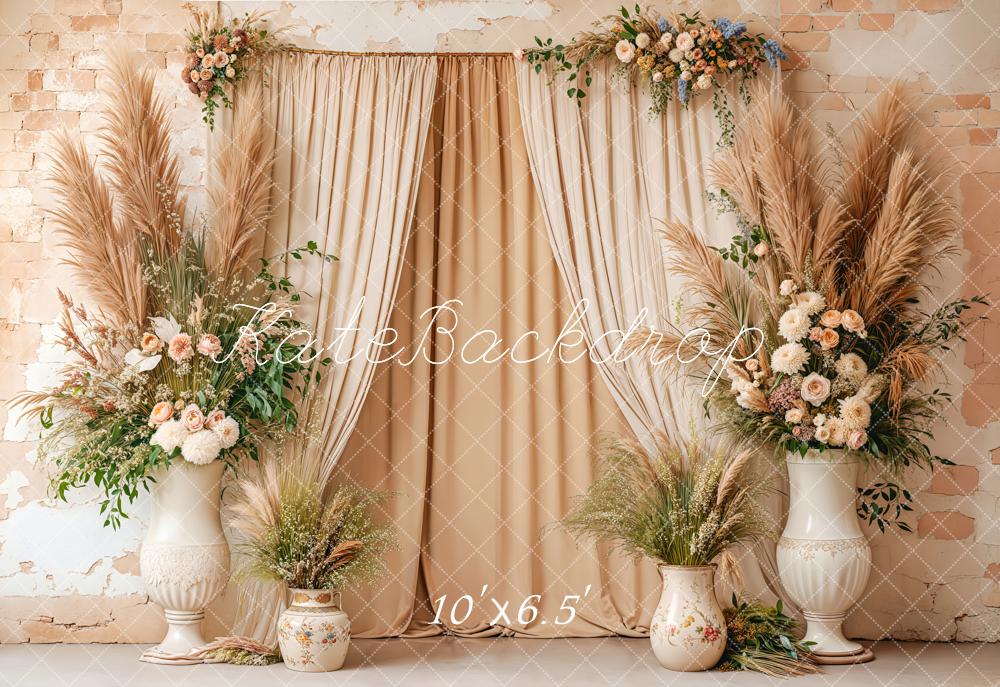 Kate Bohème Beige Fleurs Rideaux Toile de fond en Laine conçue par Emetselch