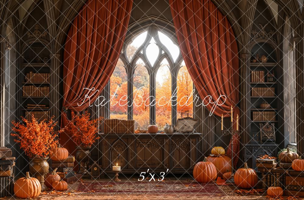 Kate Automne Bibliothèque Citrouilles Gothique Toile de fond conçue par Emetselch - Kate Backdrop FR