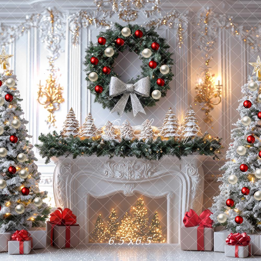 Kate Noël Sapins Cheminée Couronne Cadeaux Toile de fond conçue par Mini MakeBelieve - Kate Backdrop FR