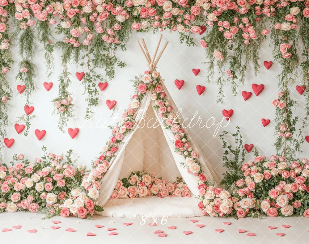 Kate Saint Valentin Tente Fleurs Cœurs Toile de fond en Laine conçue par Emetselch