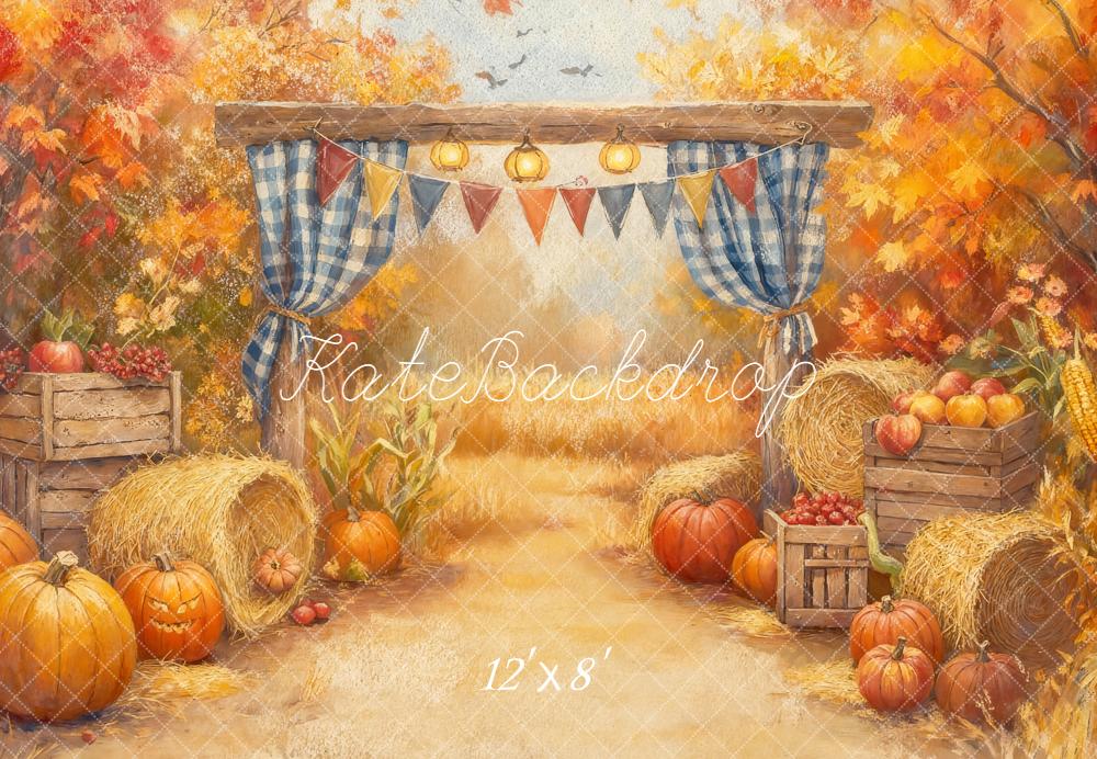 Kate Automne Citrouilles Foin Orange Toile de fond en Laine conçue par Emetselch - Kate Backdrop FR