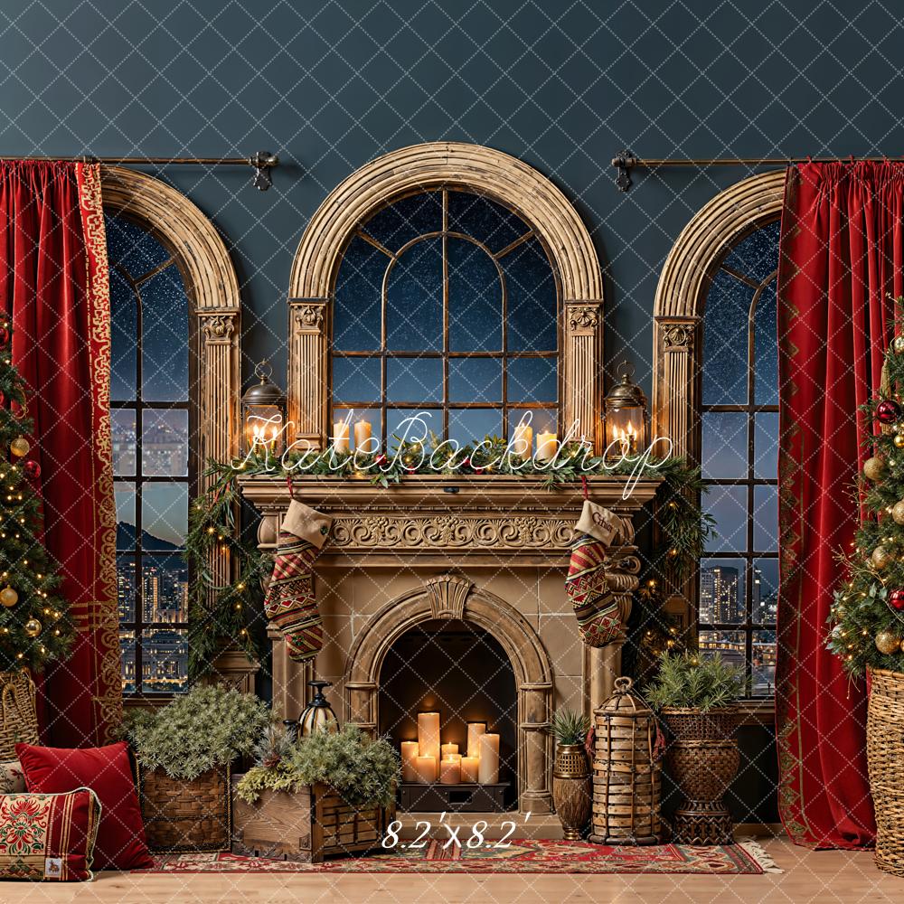 Kate Noël Cheminée Sapins Fenêtres Toile de fond conçue par Emetselch - Kate Backdrop FR