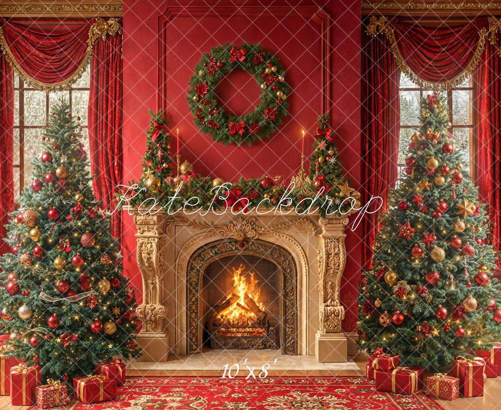 Kate Noël Cheminée Sapins Cadeaux Toile de fond en Laine conçue par Emetselch - Kate Backdrop FR