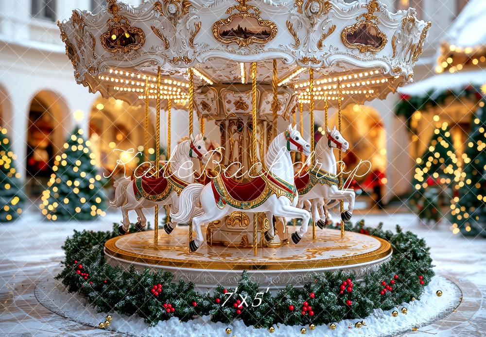 Kate Carrousel Noël Lumière Sapins Toile de fond conçue par Mini MakeBelieve - Kate Backdrop FR