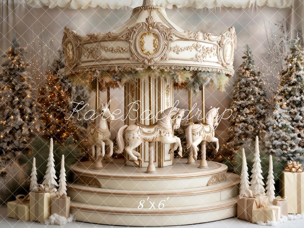 Kate Carrousel Sapins Hiver Cadeaux Toile de fond conçue par Patty Roberts - Kate Backdrop FR