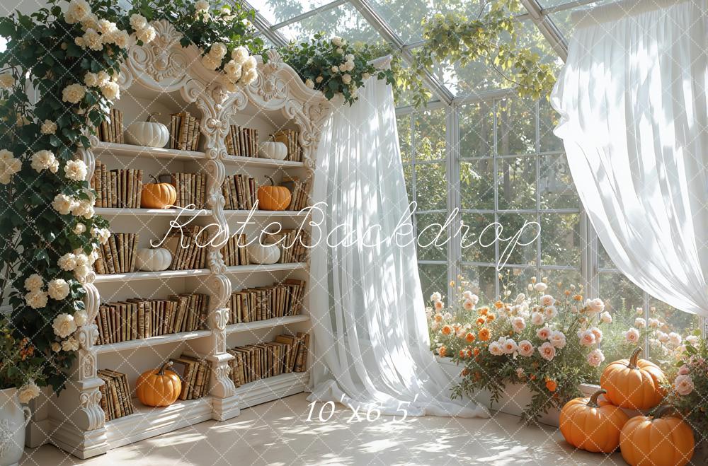 Kate Automne Bibliothèque Citrouilles Fenêtre Toile de fond conçue par Mini MakeBelieve