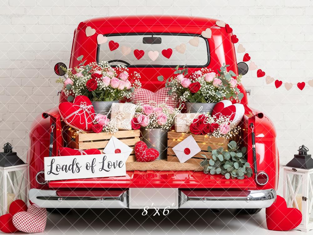 Kate Saint Valentin Camion Rouge Fleurs Lettres Toile de fond conçue par Patty Roberts