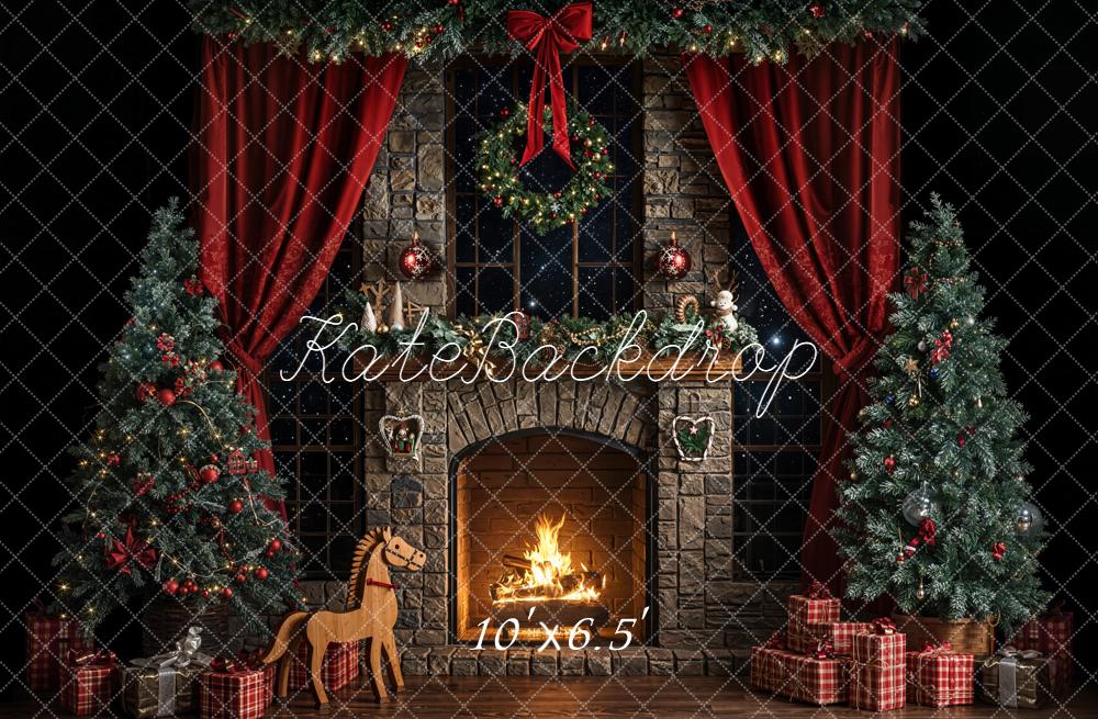 Kate Noël Cheminée Sapins Rideaux Toile de fond conçue par Emetselch - Kate Backdrop FR