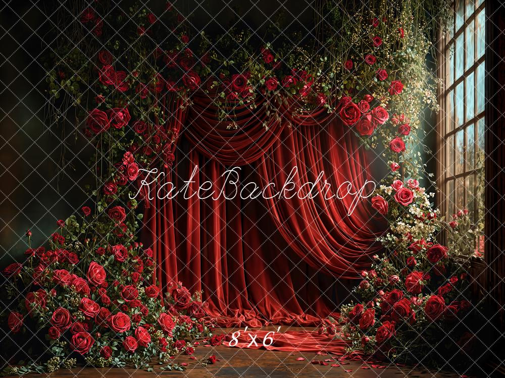 Kate Rideau Rouge Roses Fenêtre Toile de fond en Laine conçue par Emetselch