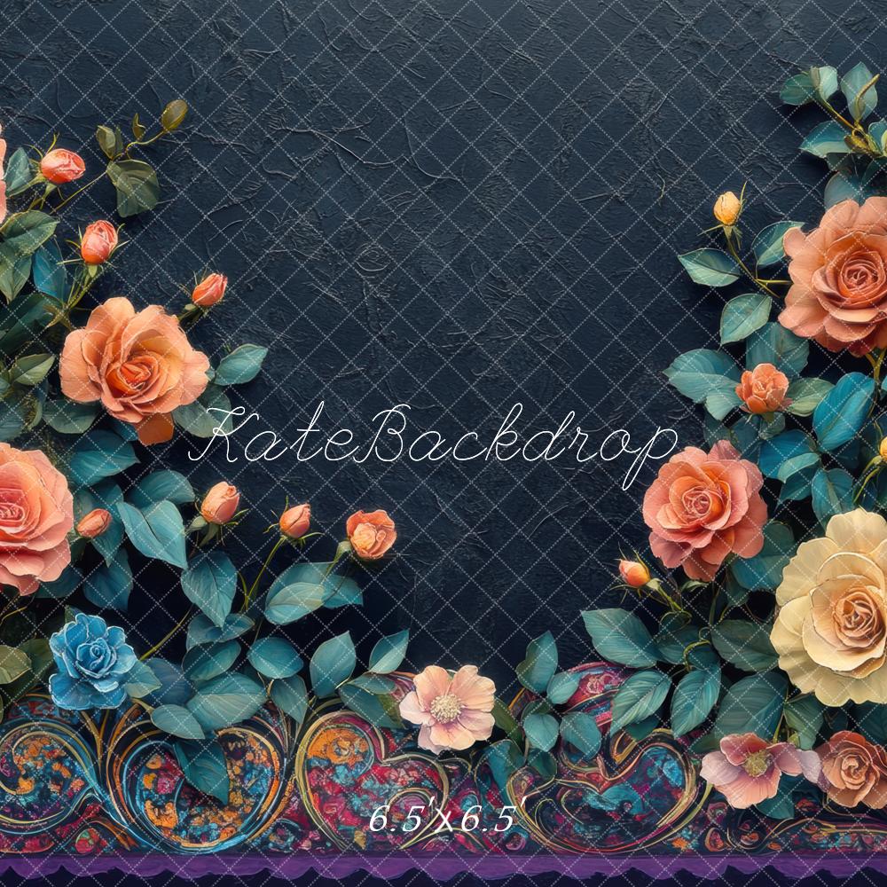Kate Floral Roses Bleu Portrait Toile de fond conçue par Mini MakeBelieve