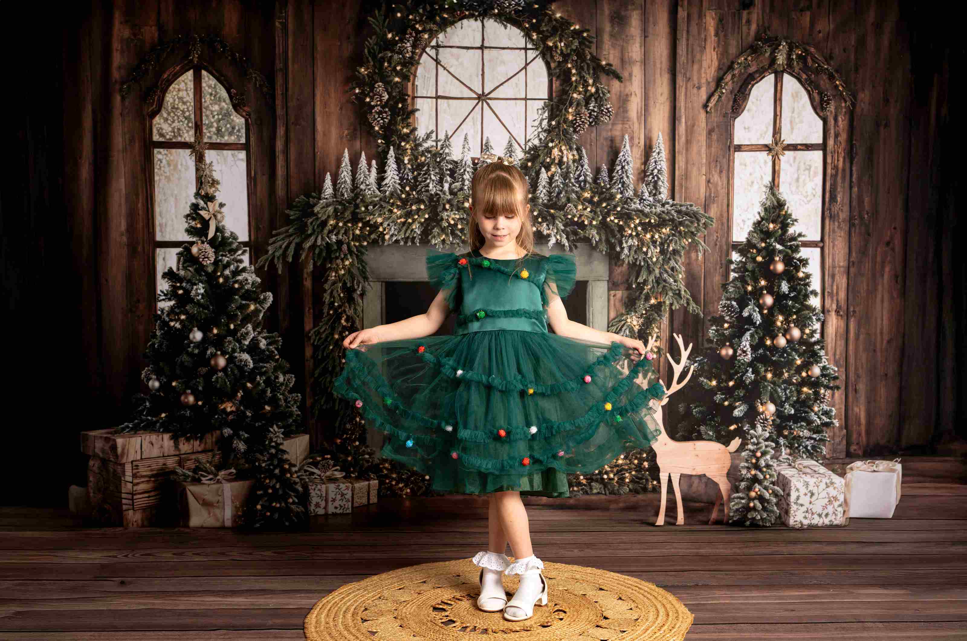Kate Sapin de Noël Bois Cheminée Cerf Toile de fond+Bois Brun Sol Toile de fond - Kate Backdrop FR