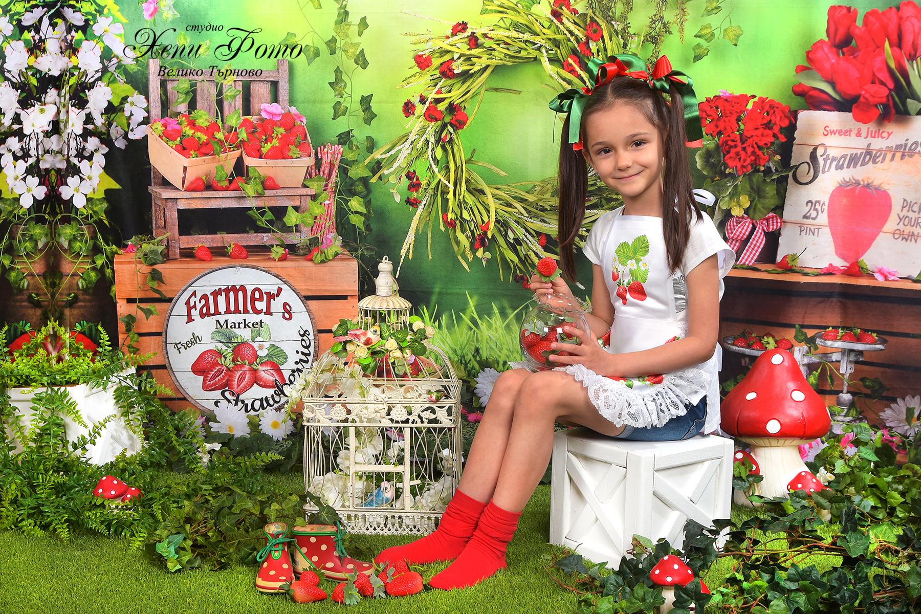 Kate Été Ferme de Fraises Fleurs Blanc Feuilles Vert Toile de fond pour la photographie - Kate Backdrop FR