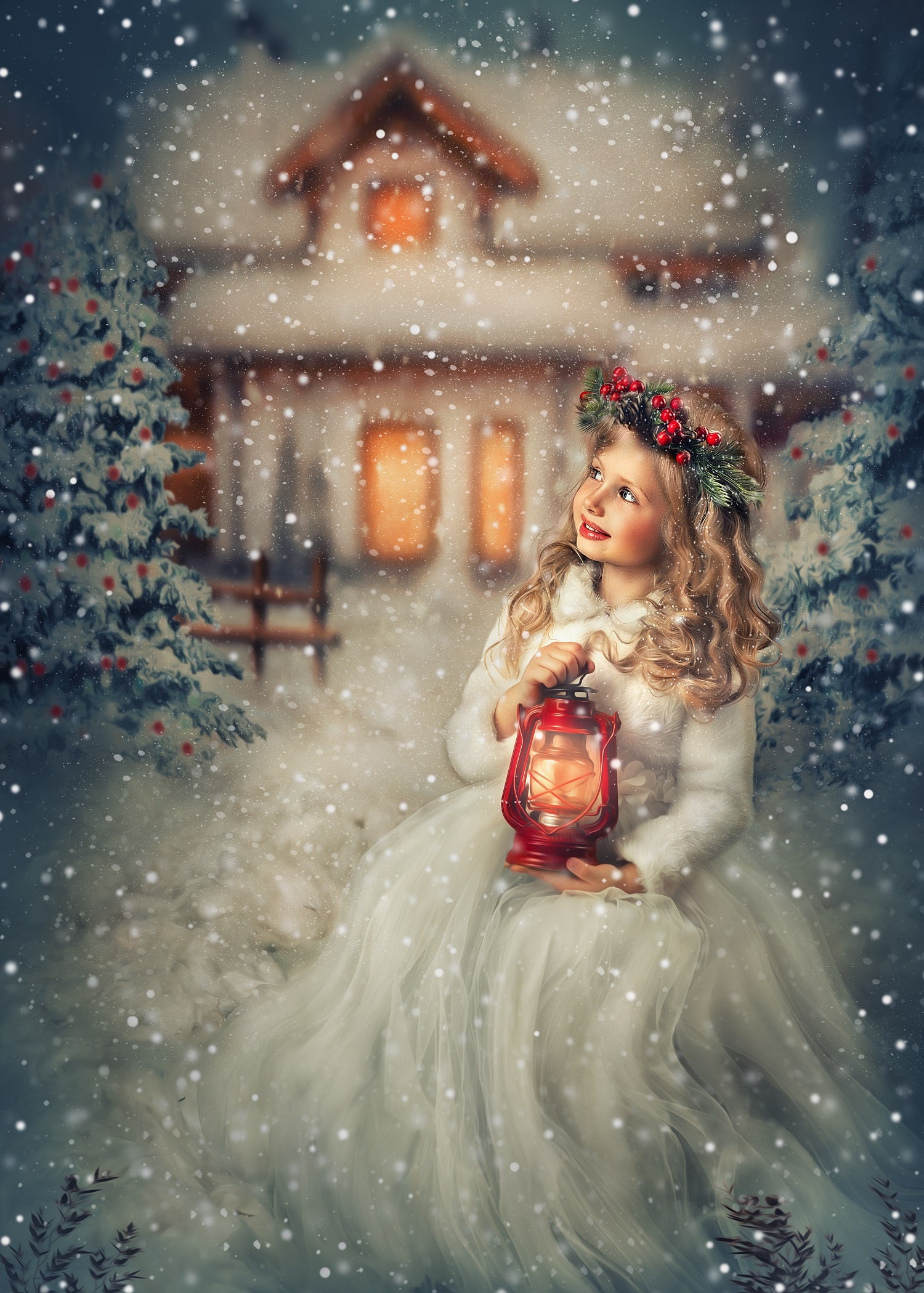 Kate Maison Arbres Hiver Noël Neige Blanc Toile de fond conçue par Jerry_Sina - Kate Backdrop FR