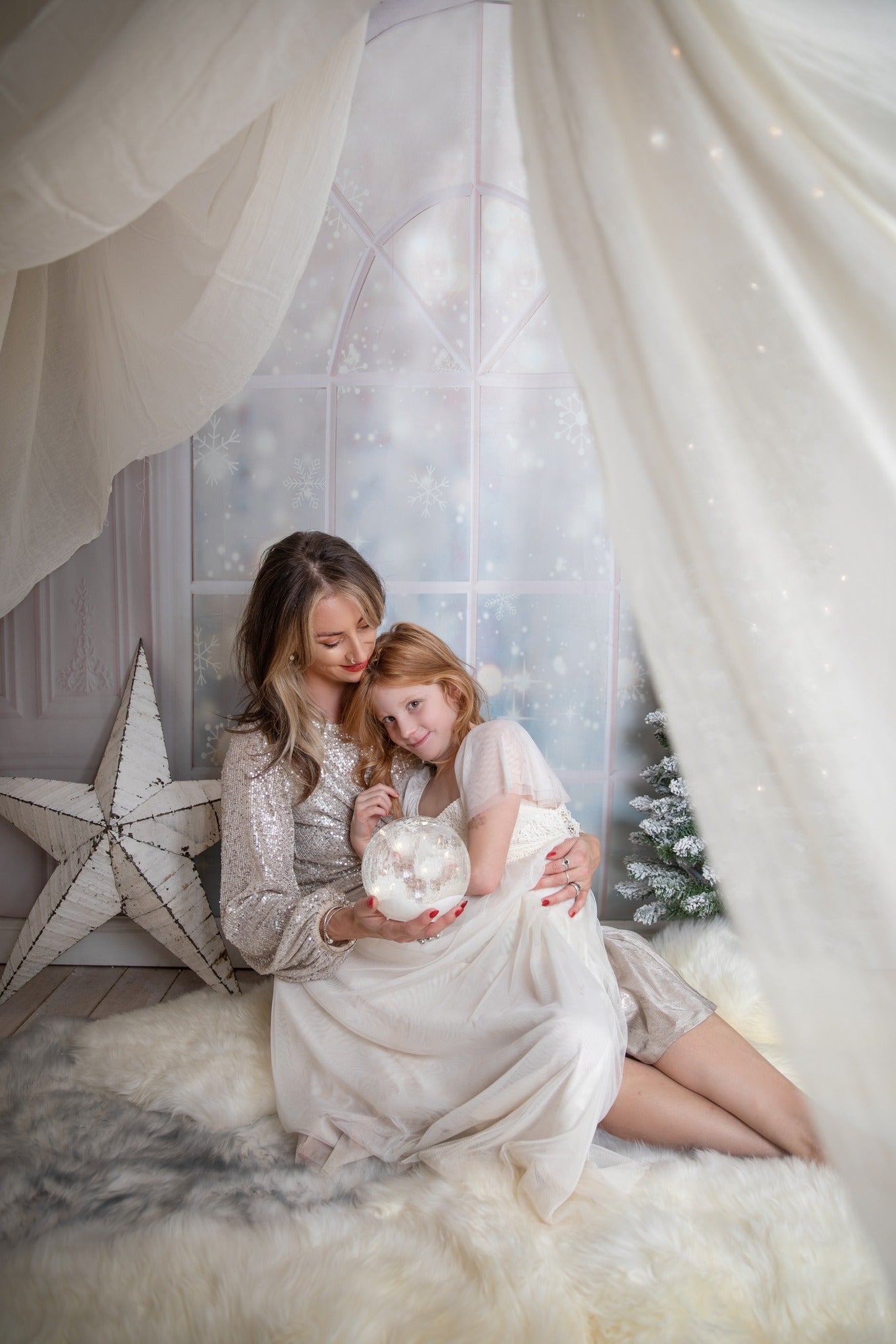 Kate fenêtre flocon de neige toile de fond hiver rideaux blancs pour la photographie