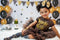 Kate Nouvel an Anniversaire Enfant Ballons Noir & Doré Toile de fond conçue par Rose Abbas - Kate Backdrop FR
