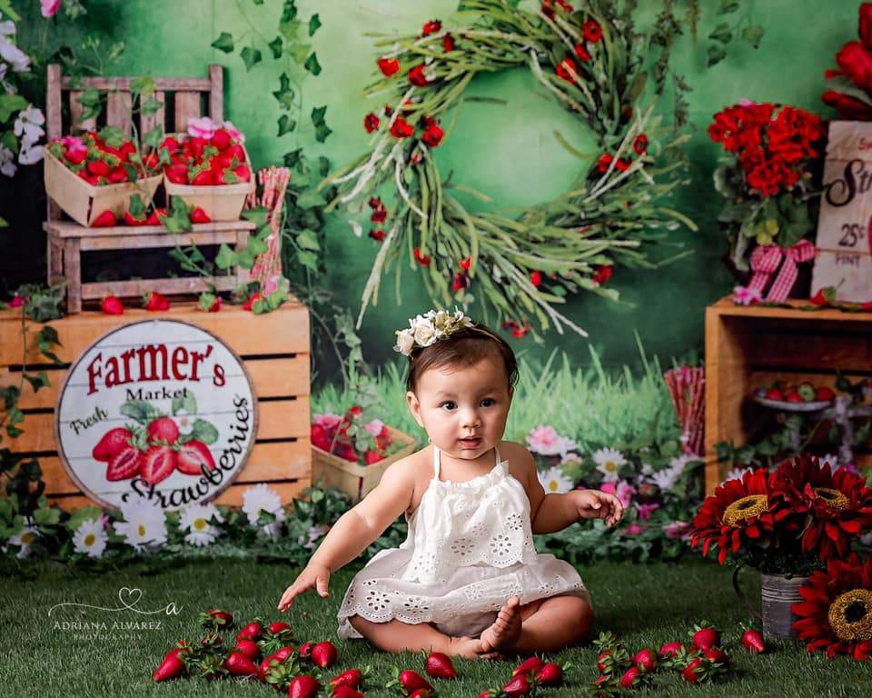 Kate Été Ferme de Fraises Fleurs Blanc Feuilles Vert Toile de fond pour la photographie - Kate Backdrop FR