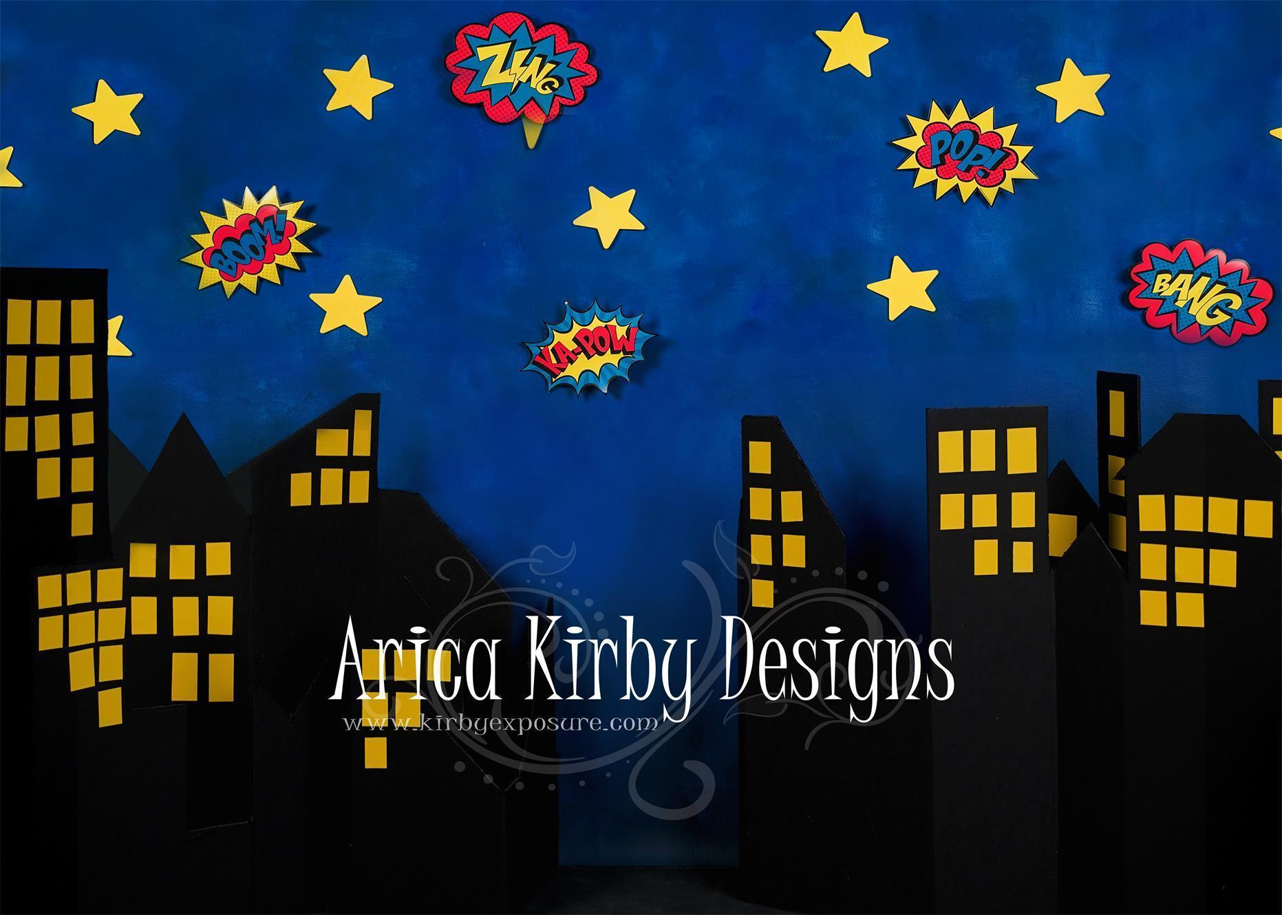Kate Super-Héros Boom Ville Nuit Toile de fond conçue par Arica Kirby - Kate Backdrop FR
