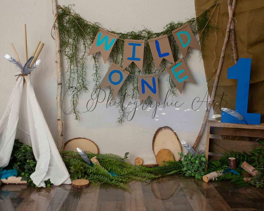 Kate Wild One Camping Cake smash 1er anniversaire Toile de fond conçue par Jenna Onyia